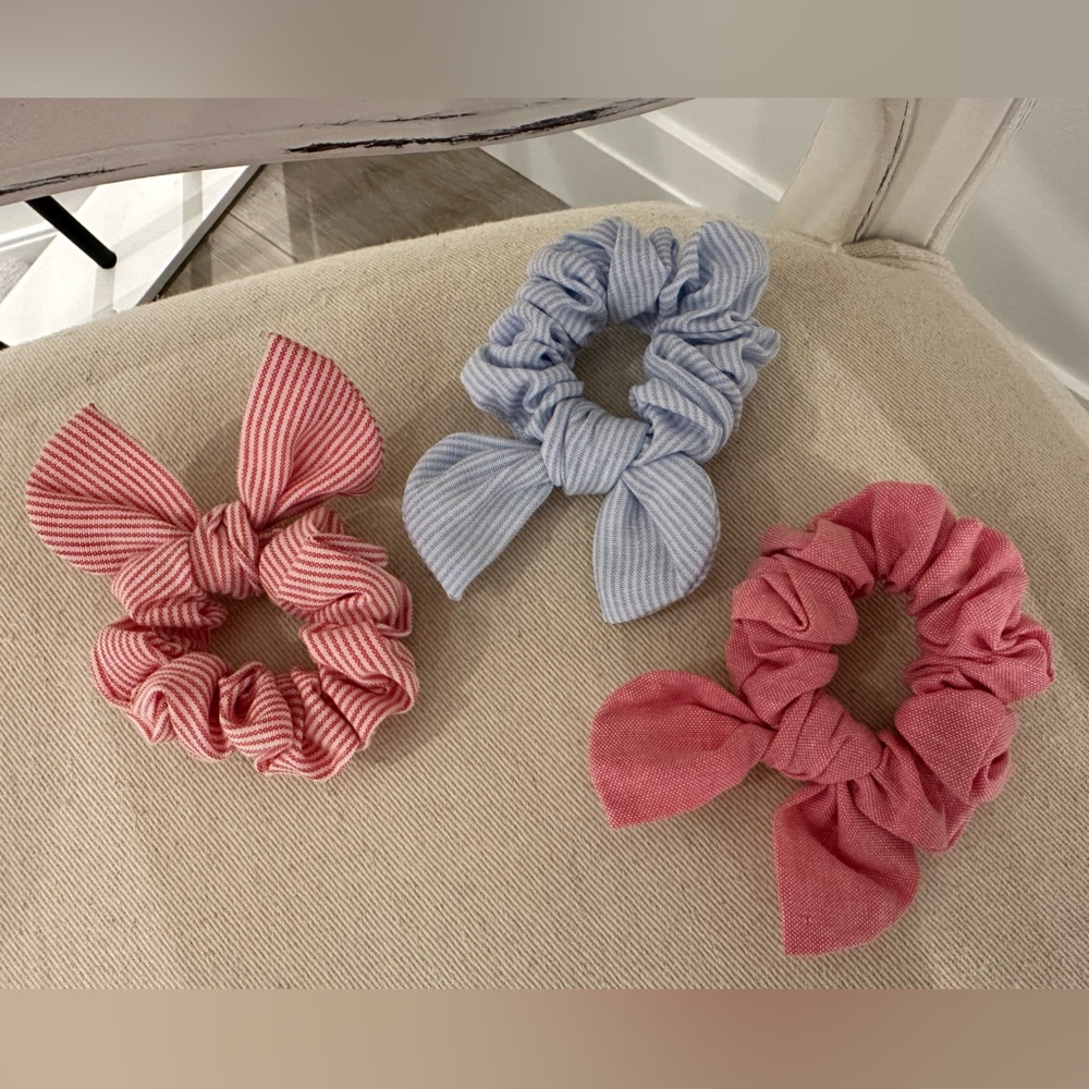 Linen Cotton Striped Pink and Blue Hair Scrunchies Set of 3 NWT